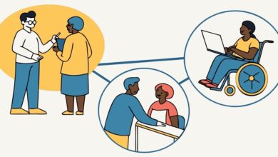 Illustration showing different ways to support adults with developmental disabilities, including promoting independence, providing job opportunities, encouraging social connections, offering accessible resources, and advocating for inclusion.