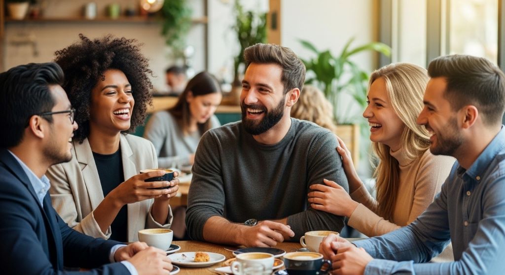 Diverse group of friends laughing together over coffee illustrating social health aspect of the wellness triangle
