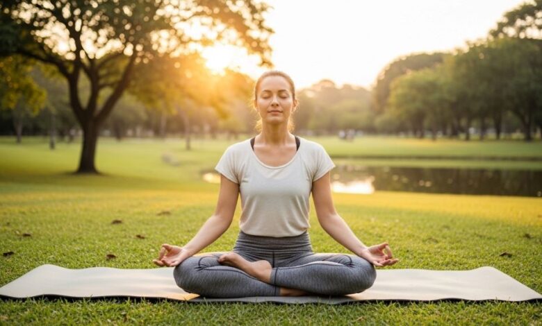 Person practicing yoga outdoors in a peaceful park setting demonstrating physical health component of the health triangle