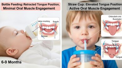 Baby learning to drink from a soft silicone straw cup