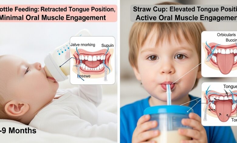 Baby learning to drink from a soft silicone straw cup