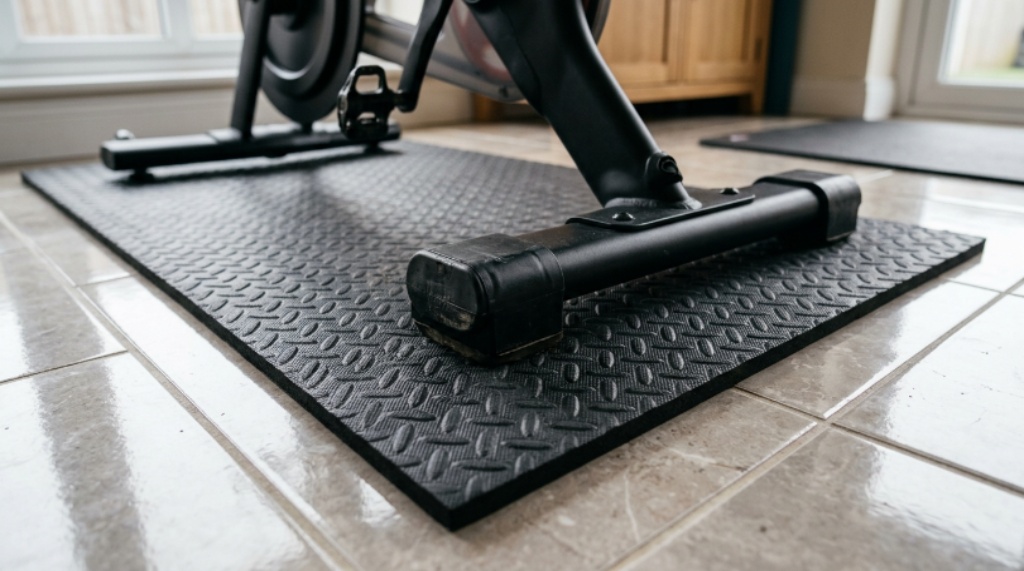 Close-up of a thick anti-slip workout mat beneath the feet of a stationary bike on a polished tile floor