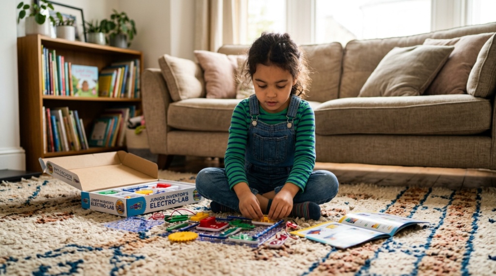 Young child assembling a hands-on science kit on a rug.