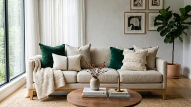 Modern sofa styled with velvet, cotton, and linen pillows.